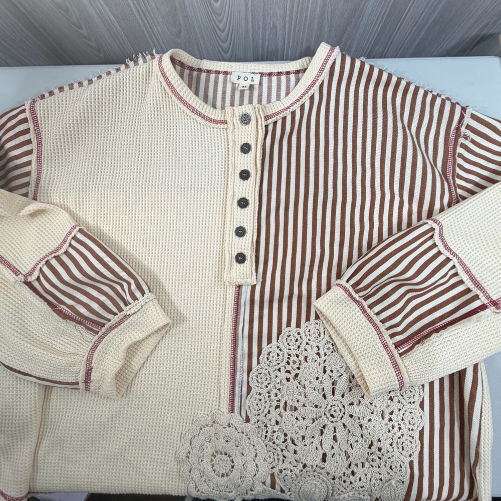 POL Oversized Thermal Woven Patchwork Crochet Kni… - image 4